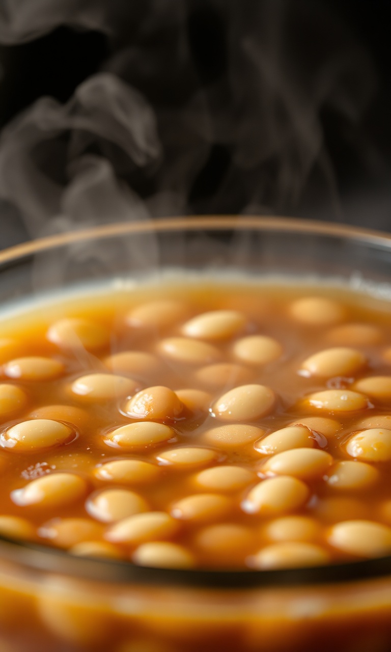 Feijão carioca com caldo grosso em um recipiente de vidro transparente