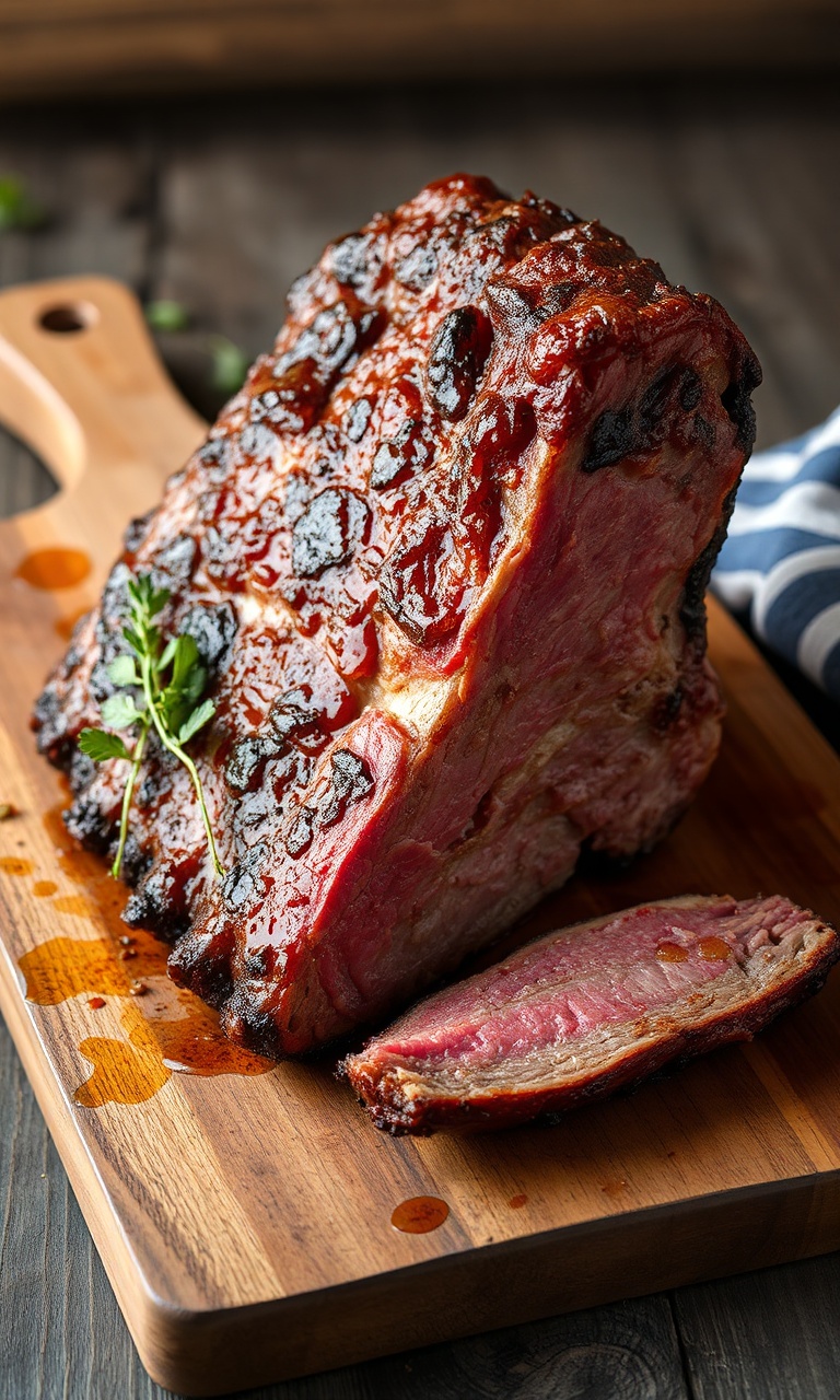 Peça inteira de costela bovina assada e suculenta.
