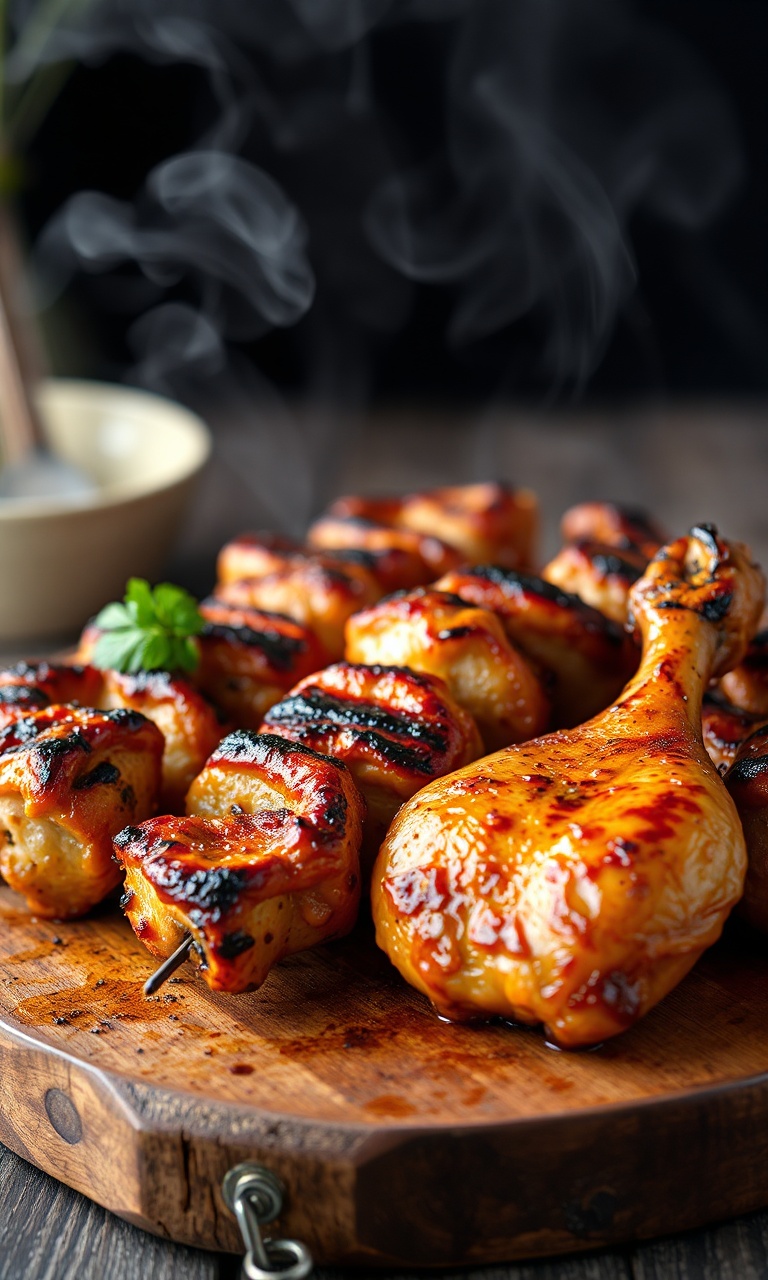 Tábua rústica com espetinhos e coxas de frango grelhados