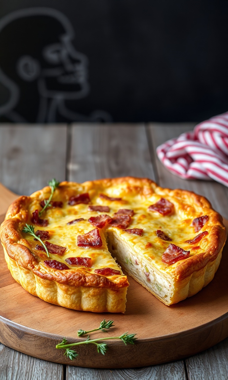 Quiche inteira, dourada e firme, com o recheio cremoso salpicado de bacon e alho-poró, pronta para ser fatiada.
