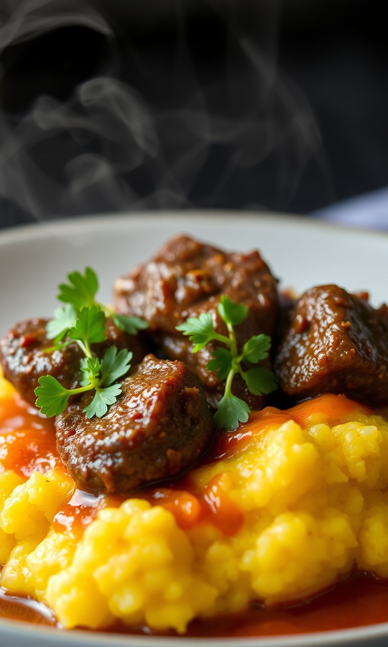 Prato com polenta mole e rabada suculenta com agrião.