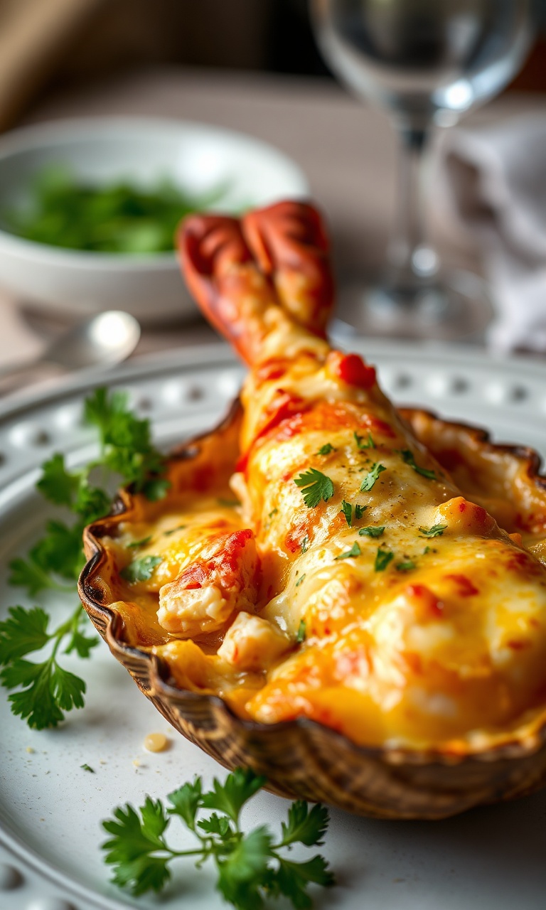 Casca de lagosta recheada com carne em molho cremoso, coberta com queijo Gruyère gratinado e salsinha fresca.
