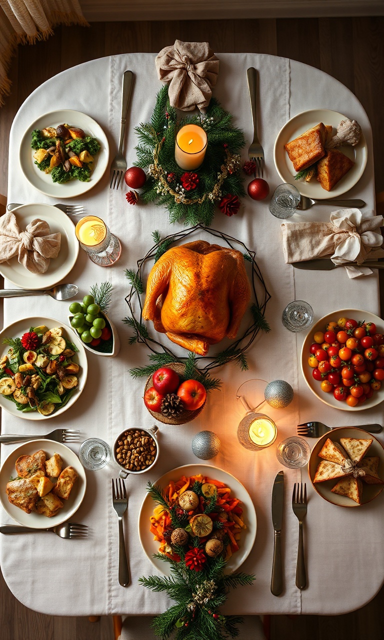 Mesa de Natal posta com sete pratos principais, incluindo fricassê dourado, salpicão, costela e bacalhau.