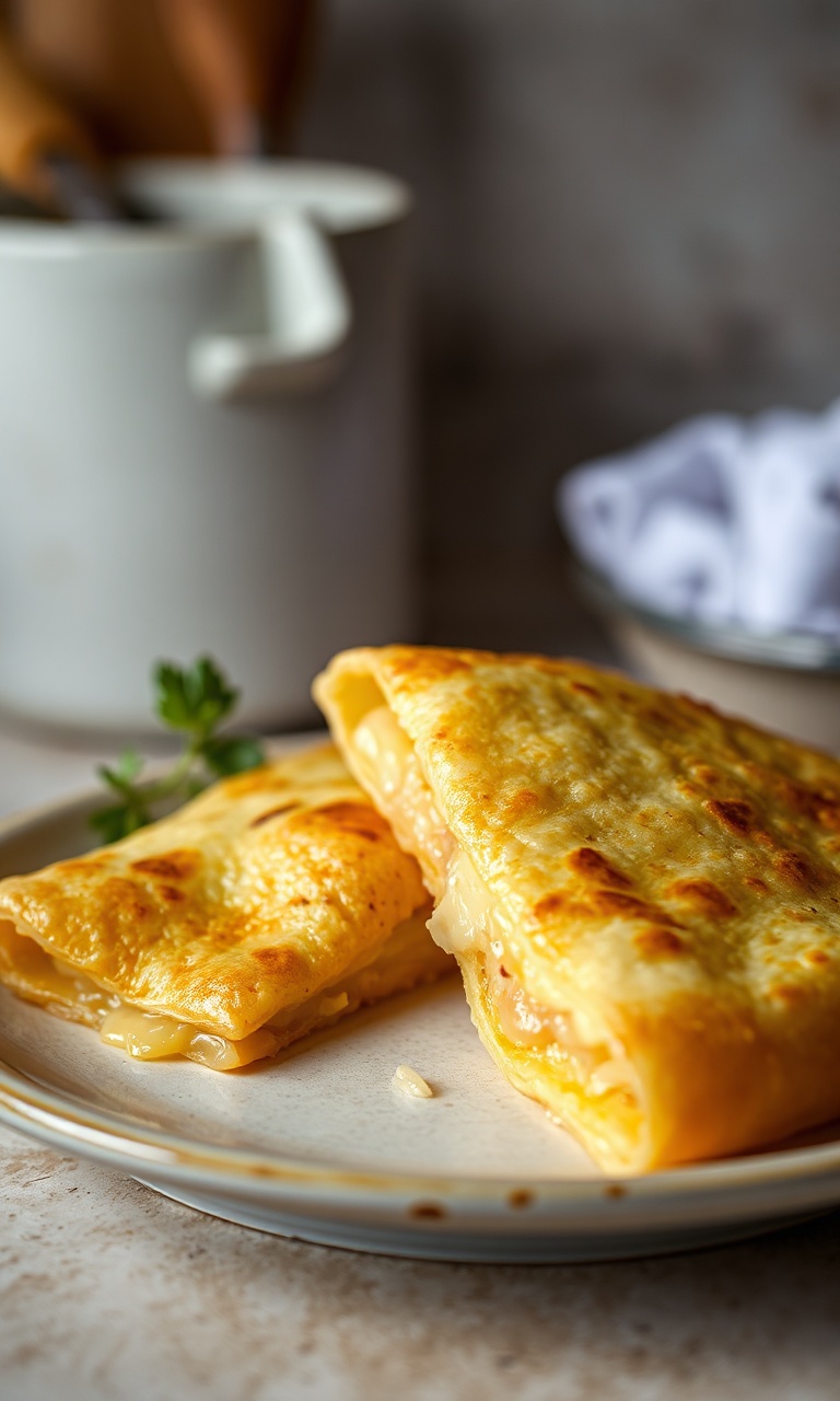 Crepioca dourada com queijo derretido servida em um prato simples