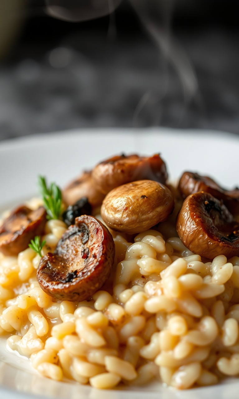 Prato de risoto cremoso com cogumelos dourados e brilho acetinado