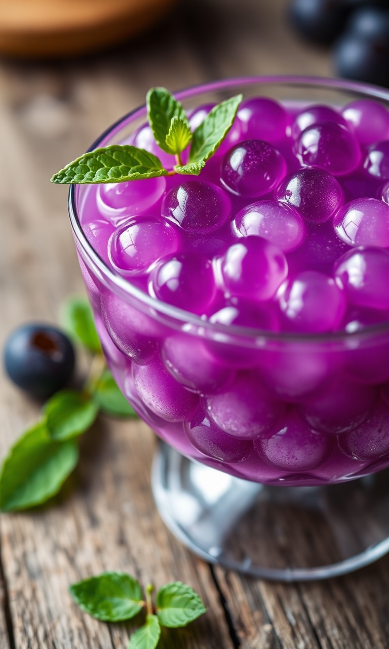 Tigela de sagu de um roxo vibrante e translúcido, servido gelado e decorado com folhas de hortelã.