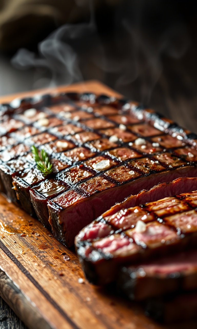 Bife de churrasco grelhado com marcas douradas e cristais de sal fino, fatiado sobre tábua rústica