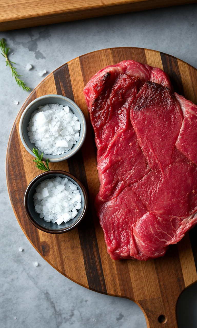 Dois potinhos de sal, um grosso e outro de parrilla, ao lado de uma picanha crua em tábua de madeira.