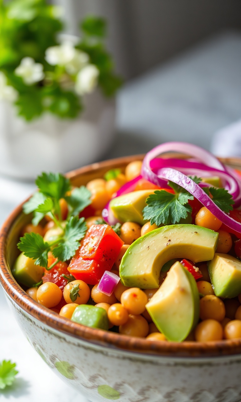 Salada colorida de grão-de-bico com fatias de abacate