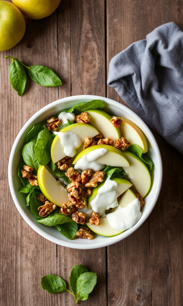 Salada de maçã com nozes e molho cremoso em uma tigela branca sobre mesa de madeira.