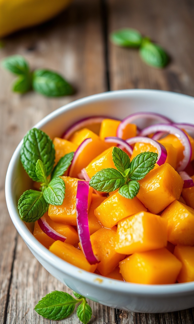 Salada de manga com hortelã em uma tigela, com cores vibrantes de laranja e verde.