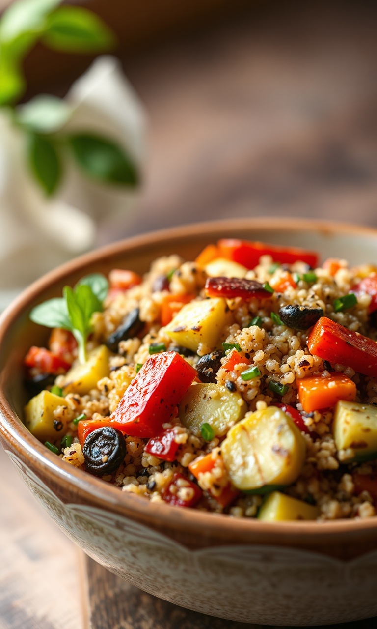 Tigela colorida com quinoa soltinha misturada a vegetais dourados