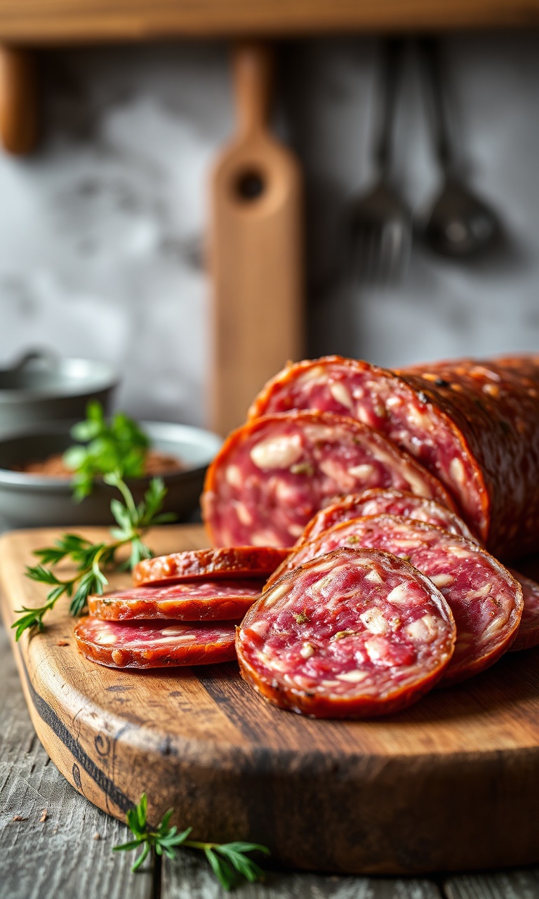 Salame artesanal maturado, fatiado em rodelas sobre uma tábua de madeira rústica.