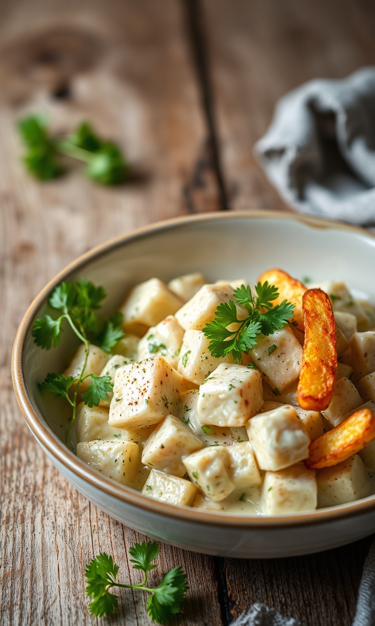 Salada cremosa de bacalhau em travessa com batata-palha dourada e salsinha fresca.