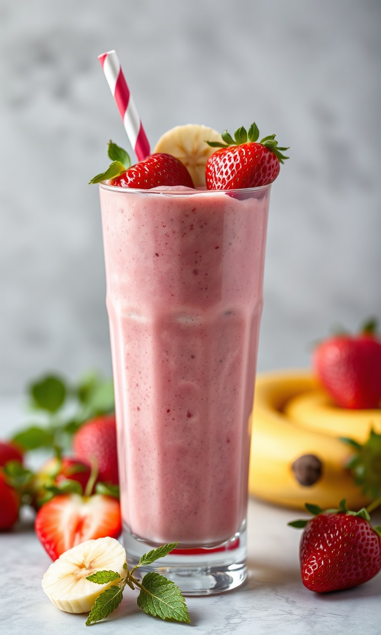 Smoothie rosa vibrante e denso servido em copo alto com frutas frescas