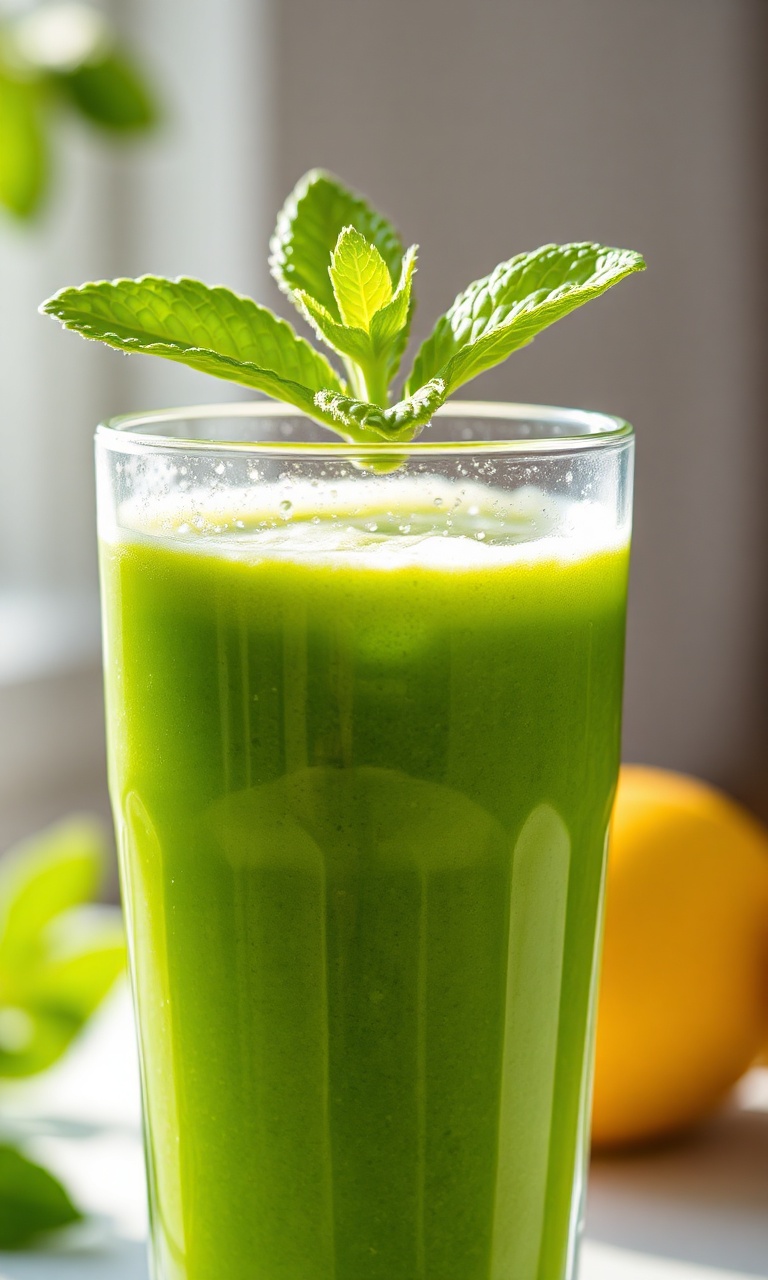 Copo de vidro com smoothie verde vibrante