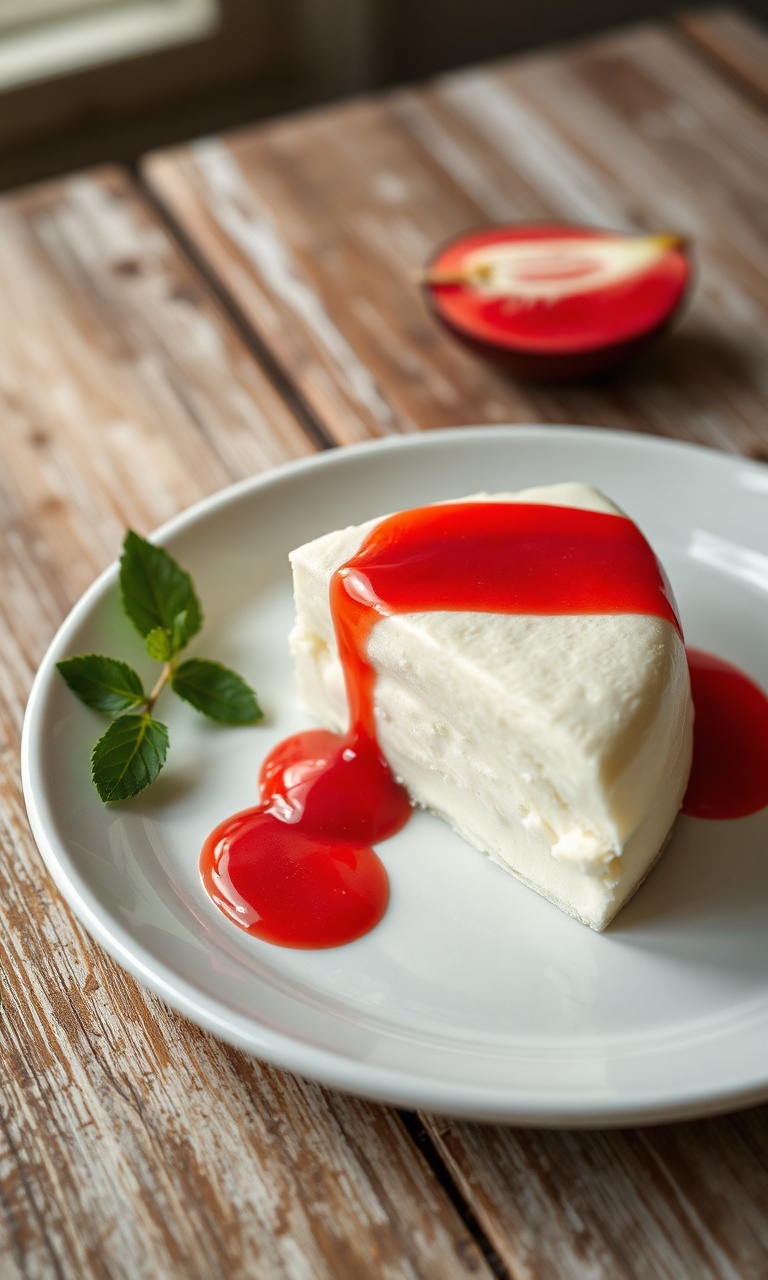 Fatia generosa da sobremesa de queijo com goiabada, mostrando as camadas de creme branco e calda vermelha.