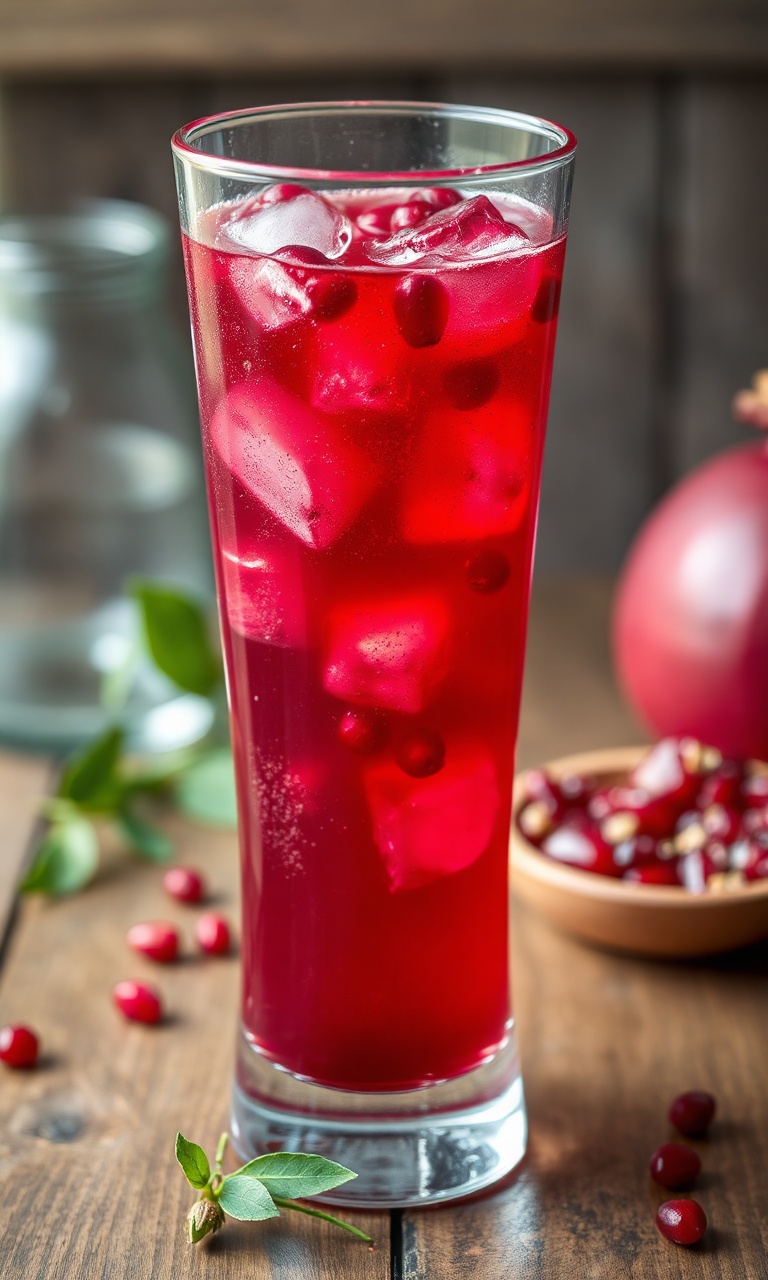 Copo alto de suco de romã vibrante com gelo e grãos flutuando