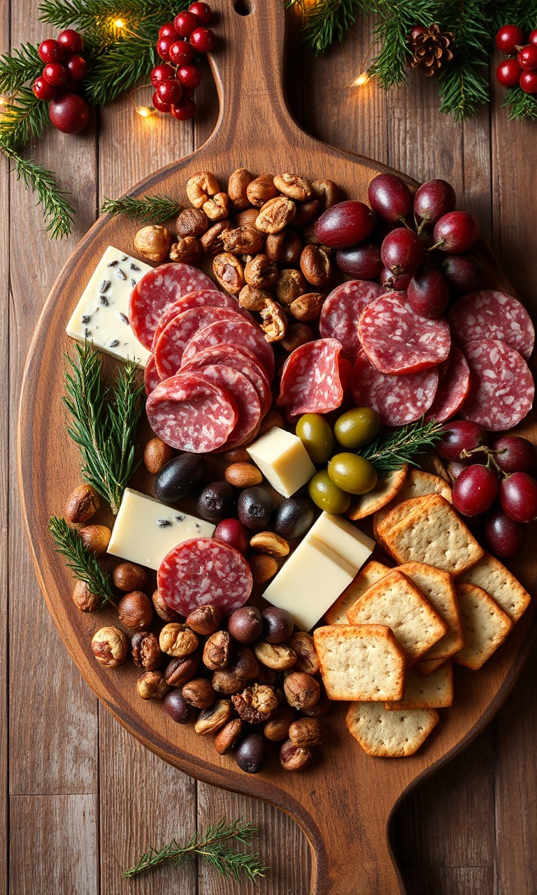 Tábua de madeira recheada com salame, queijo, azeitonas, nozes e uvas, pronta para o Natal.