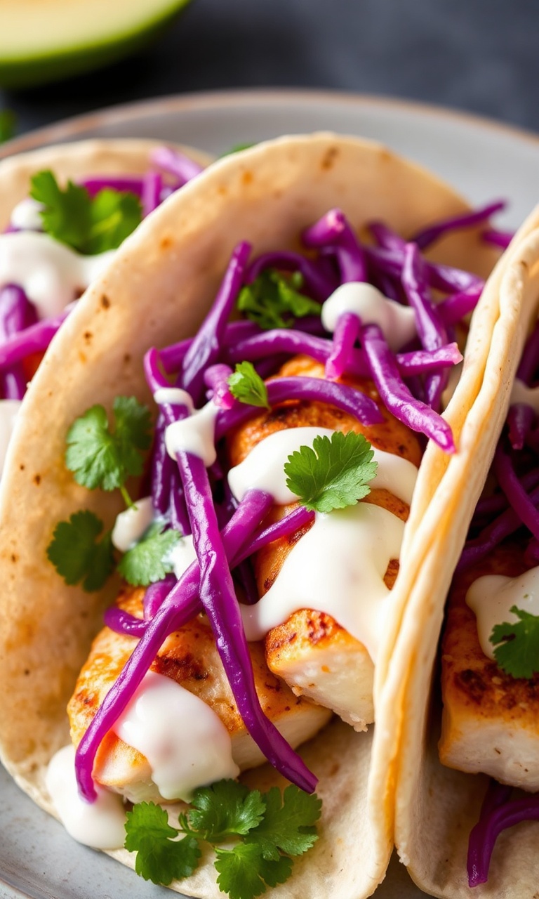 Tacos montados com lascas de peixe, salada colorida e creme branco