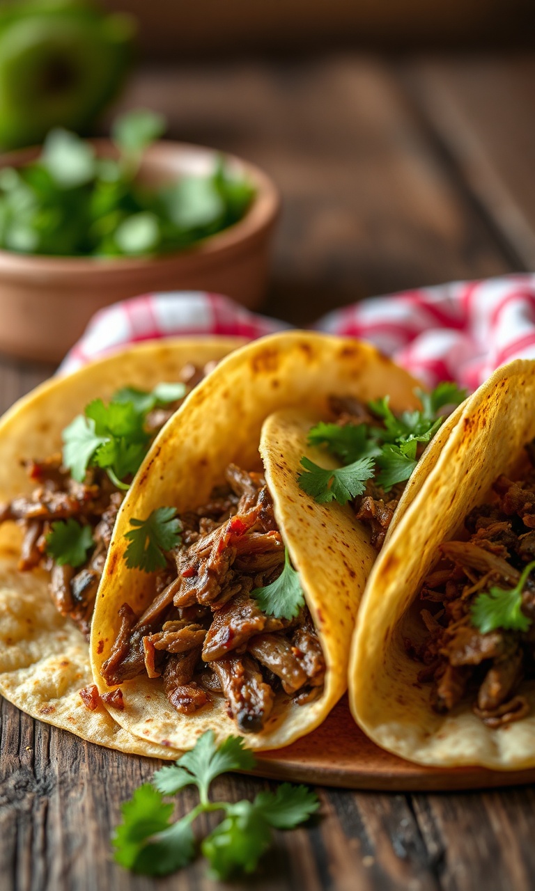 Tacos mexicanos com tortilha de milho e carne desfiada