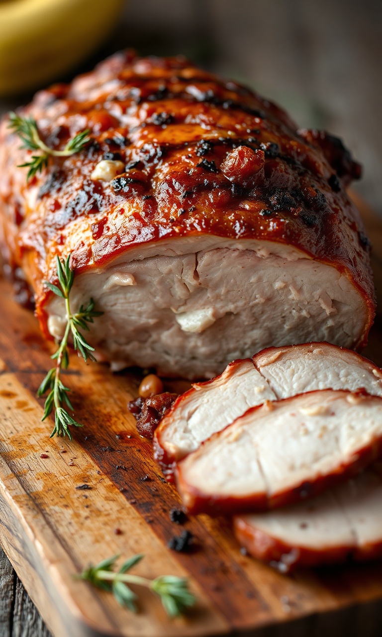 Pernil suíno assado e suculento sobre tábua rústica
