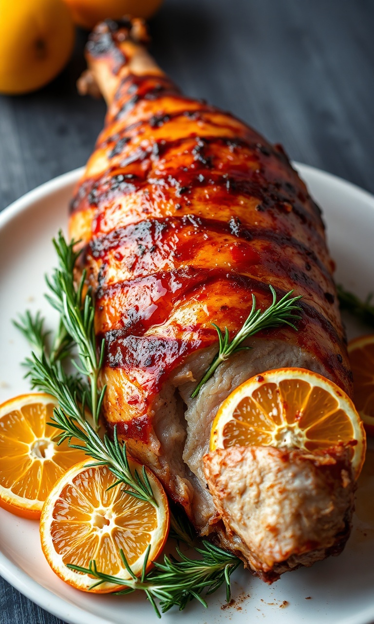 Pernil de porco assado dourado com rodelas de laranja