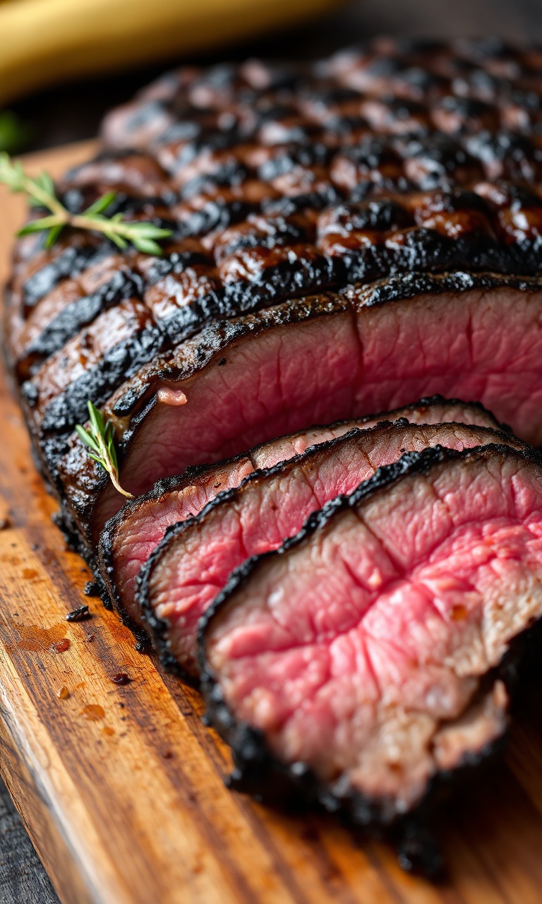Corte de carne assada com casca dourada-escura e interior rosado, fatiado e pronto para servir.