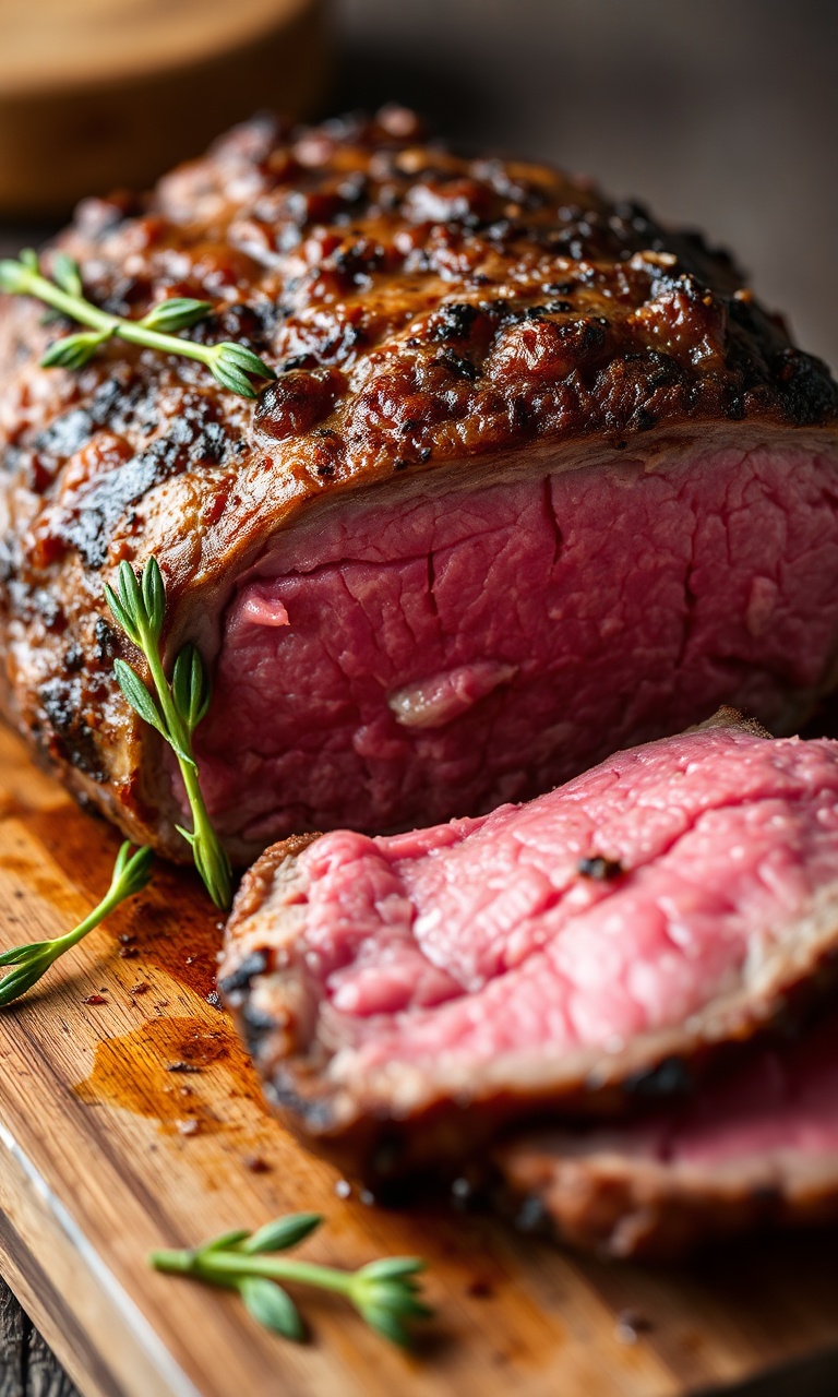 Fatias generosas de carne assada com crosta dourada e interior rosado e suculento, finalizadas com folhas de tomilho fresco.
