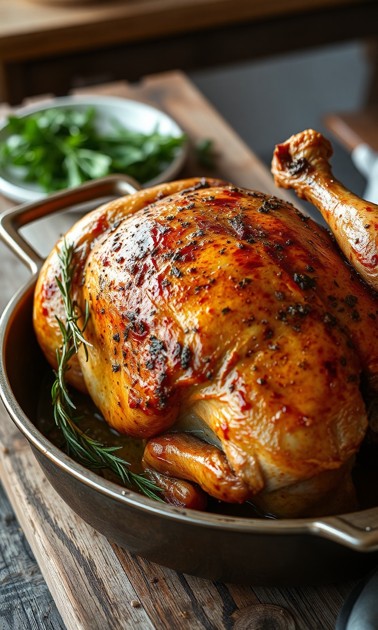 Frango inteiro assado com pele dourada e crocante, temperado com ervas, servido em uma assadeira.