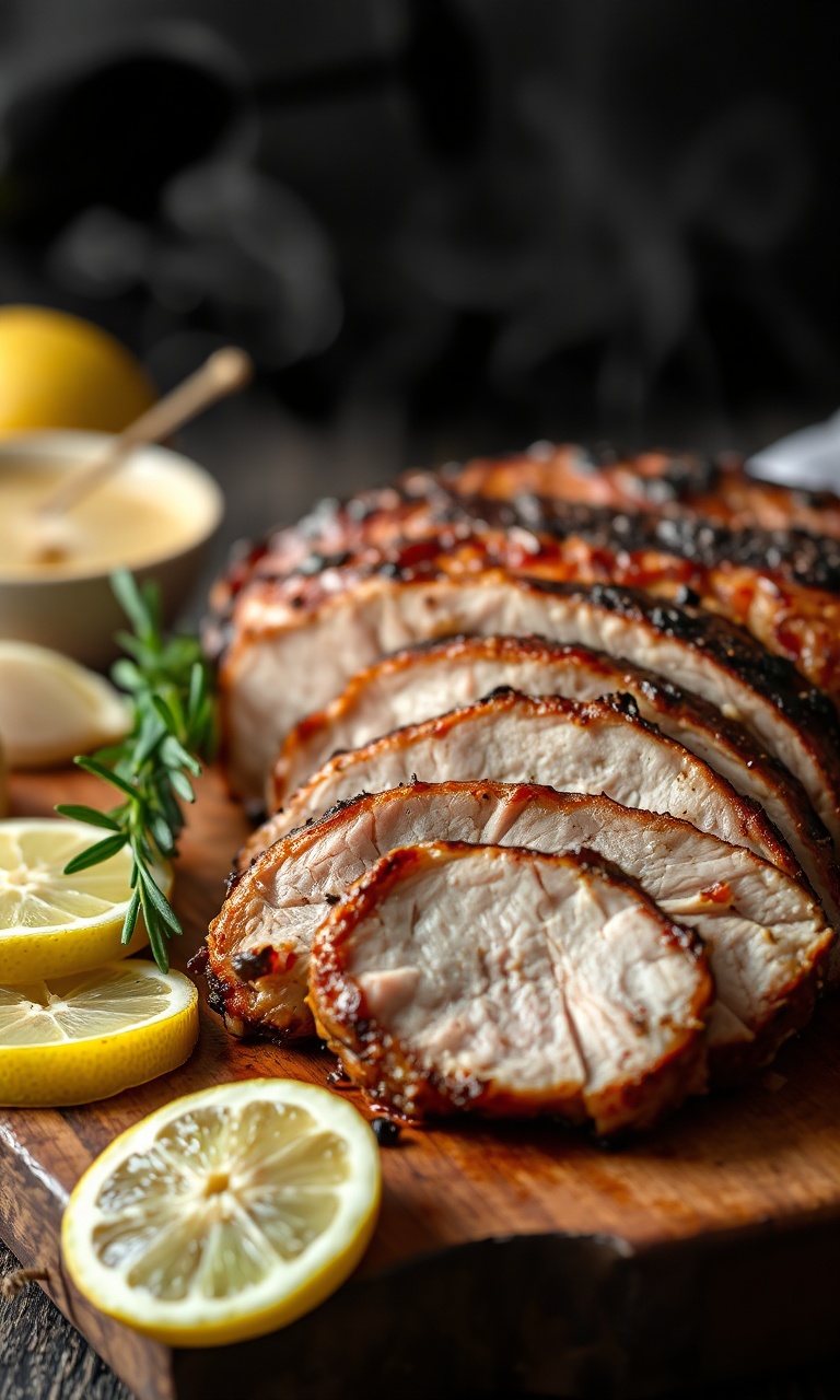 Fatias de picanha suína dourada e macia servida sobre tábua rústica.