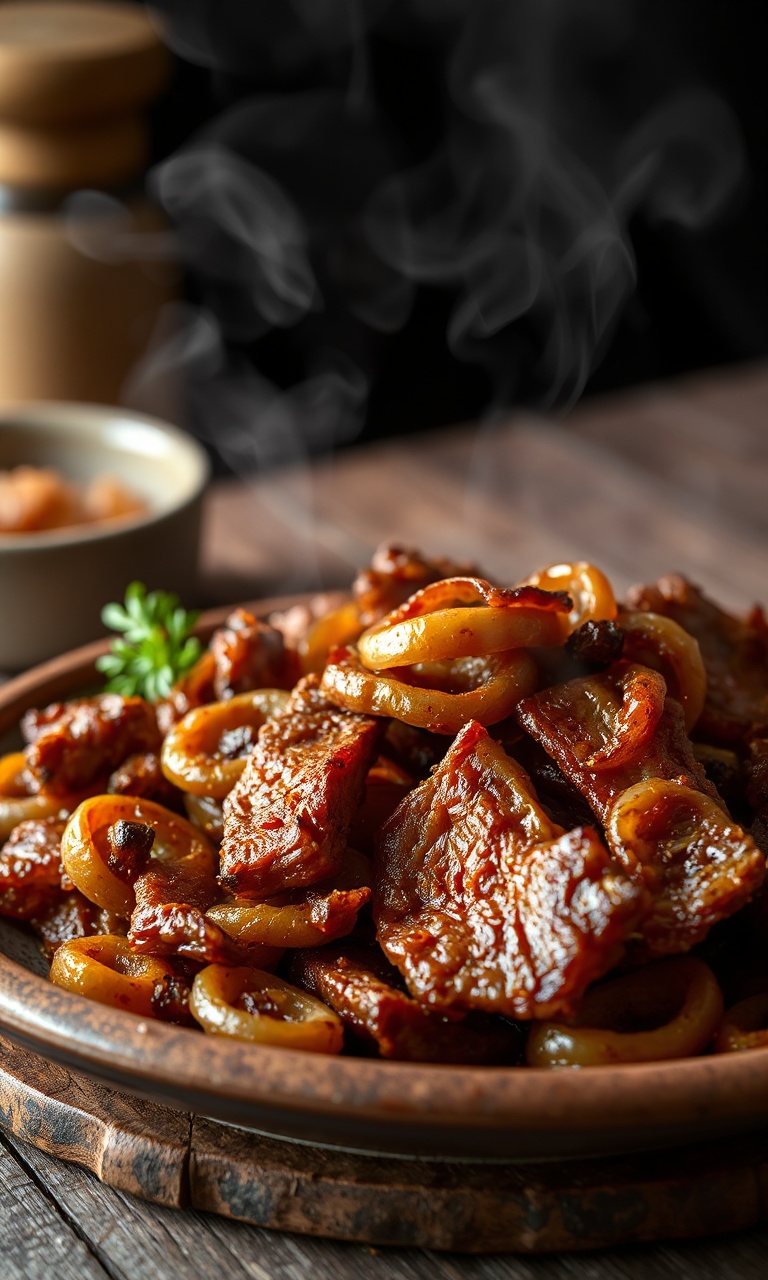 Tiras de carne seca douradas e crocantes com cebola caramelizada prontas para servir