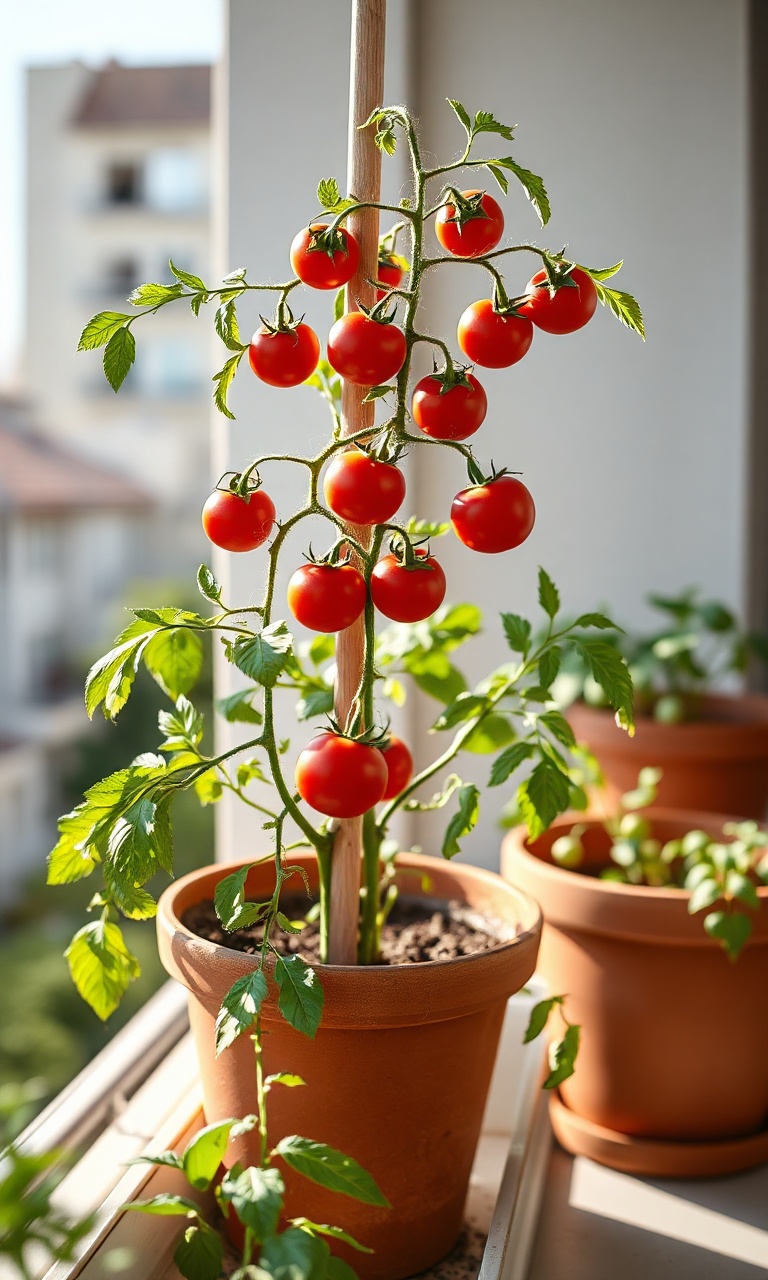 Planta de tomate cereja produtiva em vaso, com frutos vermelhos e cachos cheios, tutorada com bambu em um espaço de apartamento ensolarado.