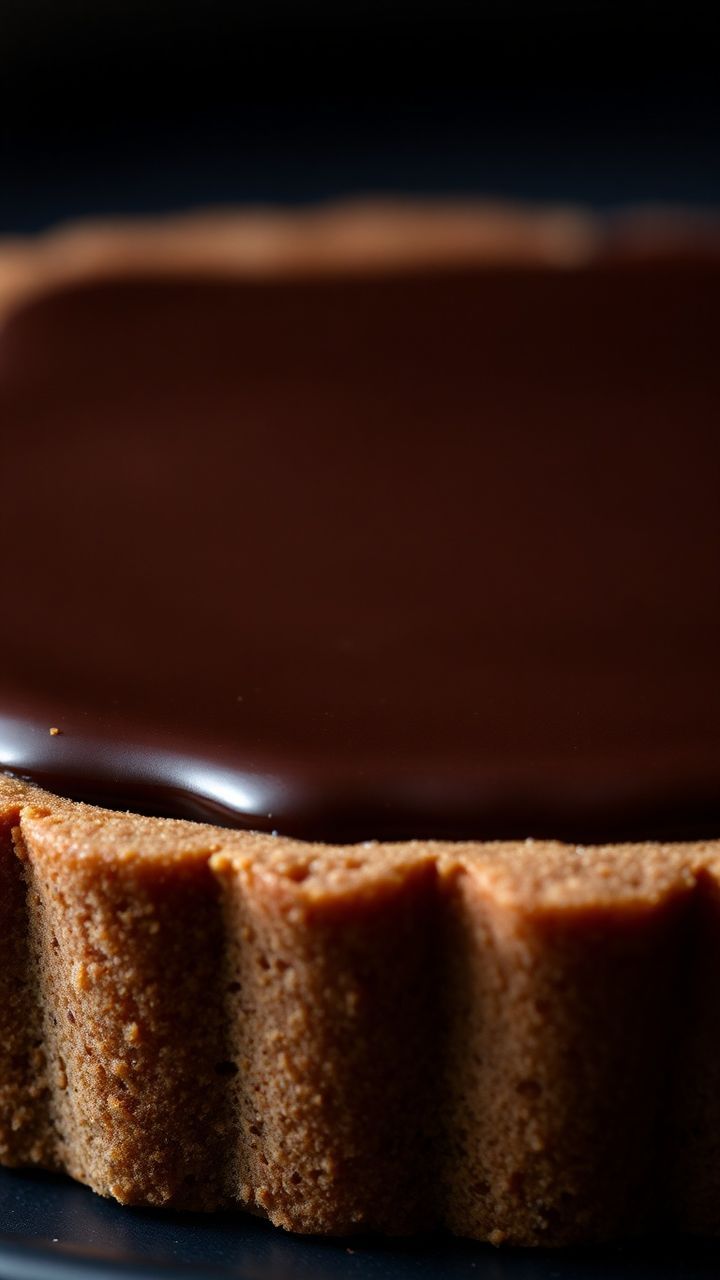 Torta de chocolate estruturada com cobertura de ganache brilhante e base crocante