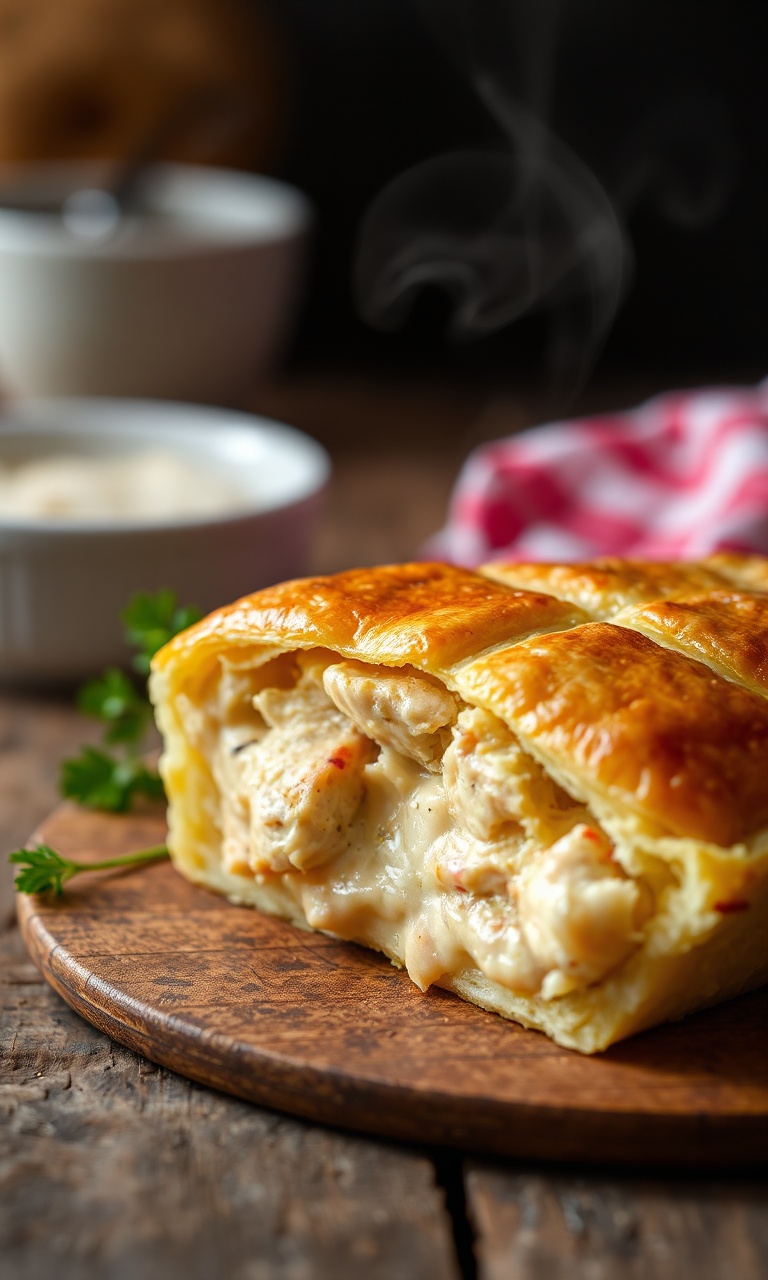 Fatia de torta de frango dourada com recheio cremoso aparecendo.