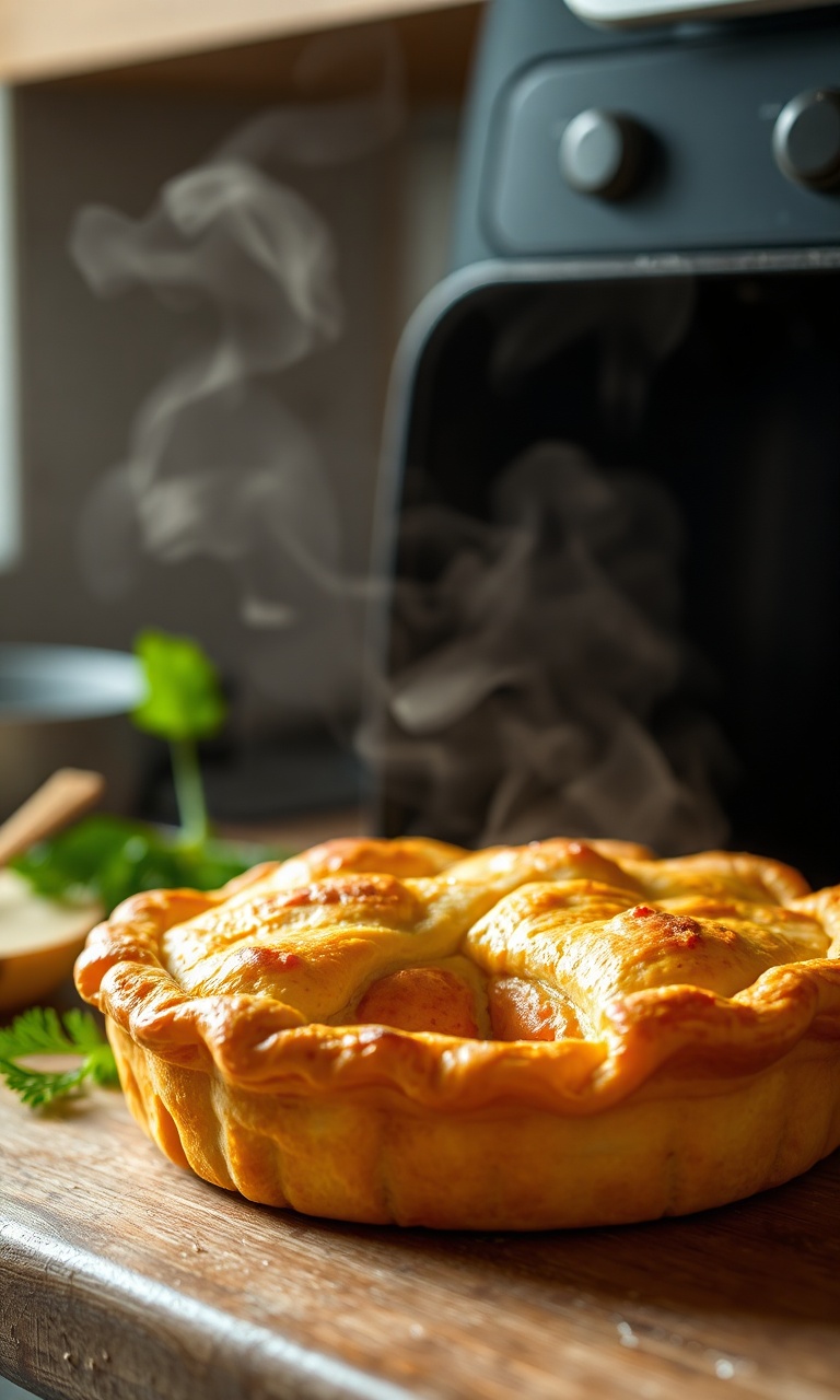 Torta de frango inteira, dourada e fofa, recém-saída da Airfryer.