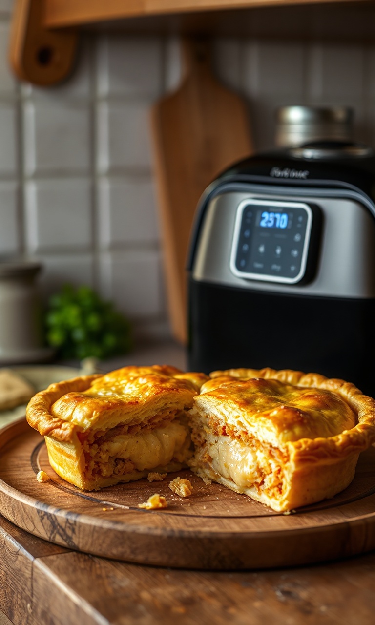 Torta dourada e macia, fatiada para revelar o recheio cremoso de frango desfiado e milho.