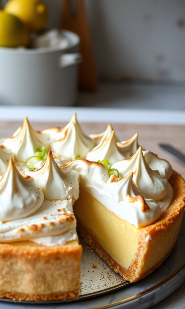 Torta inteira com picos de merengue levemente tostados e raspas de limão