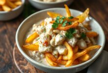 Um prato de strogonoff cremoso coberto com uma porção generosa de chips de batata doce dourados e crocantes, substituindo a tradicional batata palha.