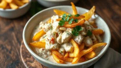 Um prato de strogonoff cremoso coberto com uma porção generosa de chips de batata doce dourados e crocantes, substituindo a tradicional batata palha.