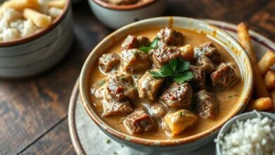 Uma tigela generosa de strogonoff de carne, com o molho cremoso e alaranjado cobrindo cubos de filé mignon dourados, pronto para servir uma grande reunião.
