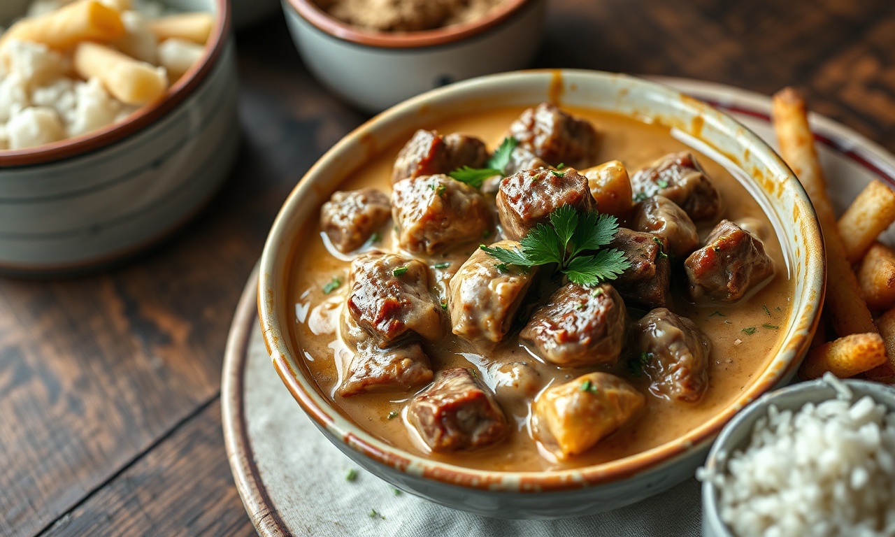 Uma tigela generosa de strogonoff de carne, com o molho cremoso e alaranjado cobrindo cubos de filé mignon dourados, pronto para servir uma grande reunião.