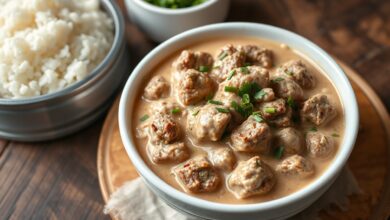 Um bowl com strogonoff de carne moída cremoso, com pedaços de carne visíveis no molho bege-rosado, finalizado com folhas de cheiro-verde fresco, servido em uma tigela branca sobre uma mesa de madeira.
