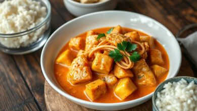 Um bowl grande de porcelana branca com strogonoff de frango cremoso, cubos de frango dourados visíveis no molho aveludado alaranjado, coberto com batata palha dourada e crocante.