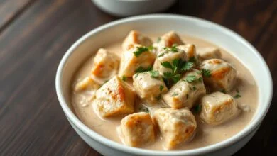 Cubos de frango dourados envoltos em um molho cremoso e bege, finalizado com salsinha fresca picada.