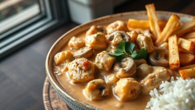 Travessa grande e profunda servindo strogonoff cremoso com arroz e batata palha