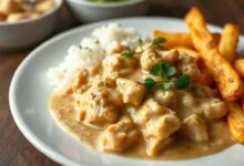 Prato de cerâmica branca com strogonoff de frango cremoso, acompanhado de arroz e batata palha.