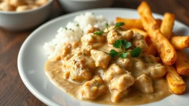 Prato de cerâmica branca com strogonoff de frango cremoso, acompanhado de arroz e batata palha.