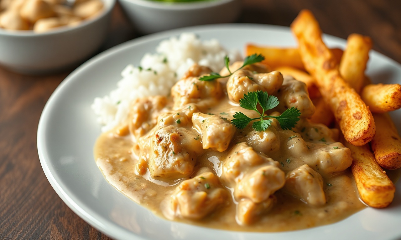 Prato de cerâmica branca com strogonoff de frango cremoso, acompanhado de arroz e batata palha.