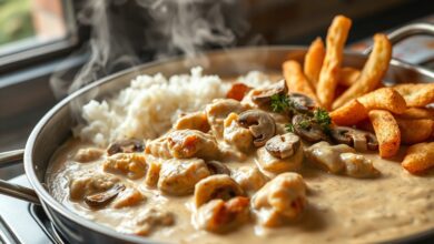 Uma panela de pressão grande e funda transbordando de strogonoff de frango cremoso, com pedaços dourados de frango visíveis no molho bege claro e brilhante, guarnecido com champignons fatiados.